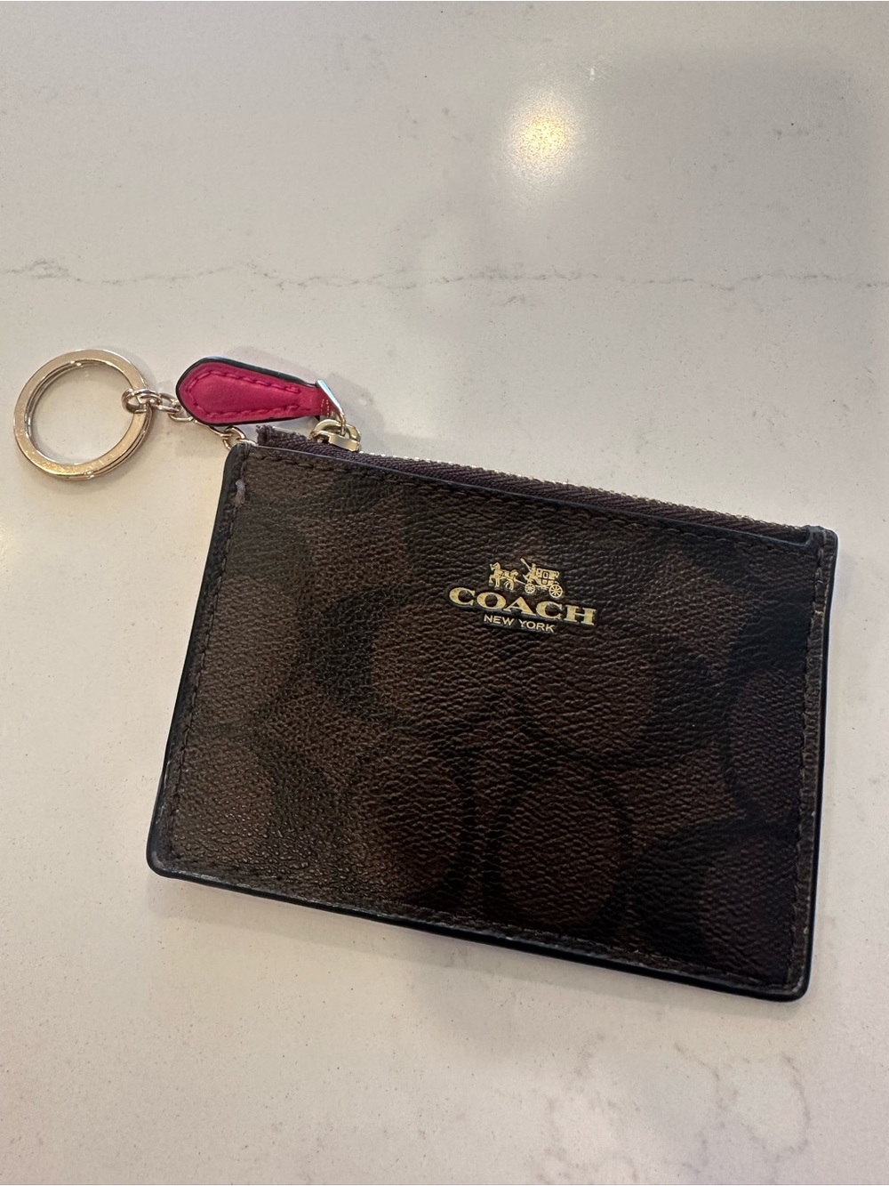 Coach Brown Signature Zip Card Case with Pink Tag Key Ring